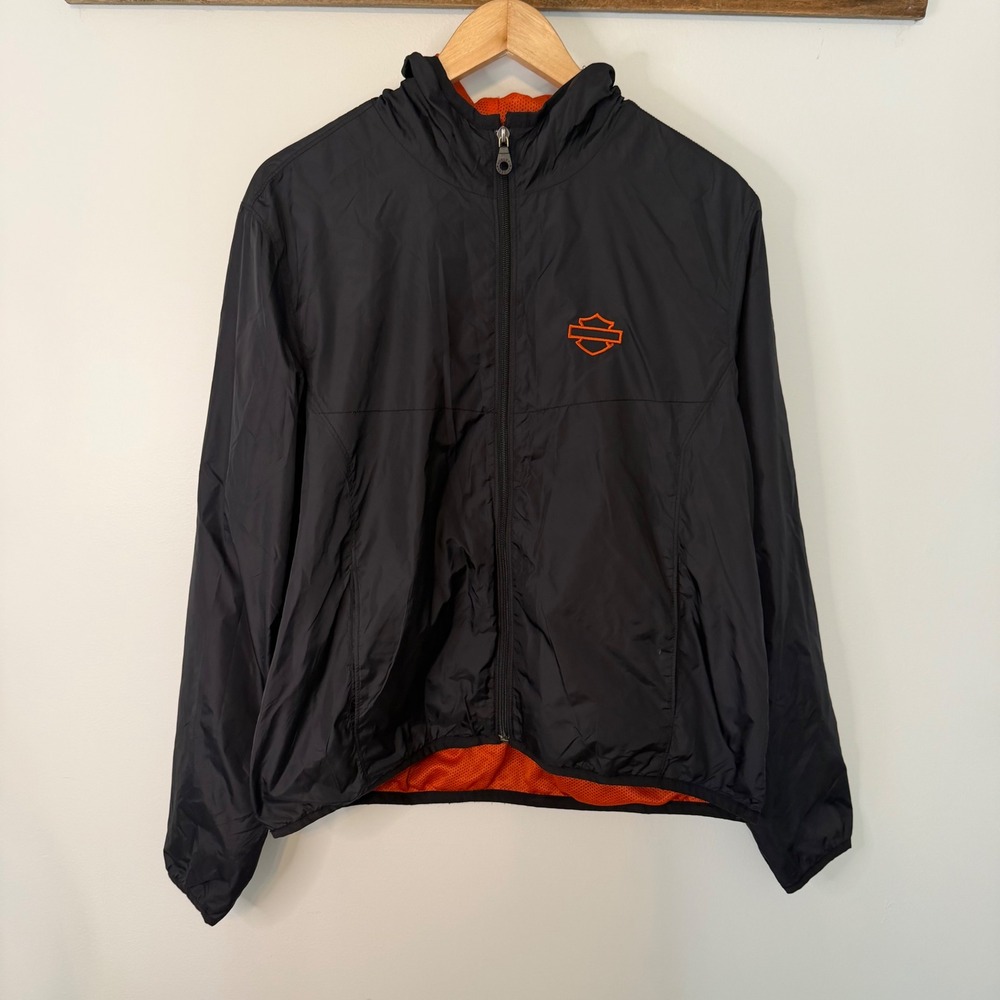 Harley-Davidson Mens XL Black Orange Mesh Lined Hooded Windbreaker Jacket